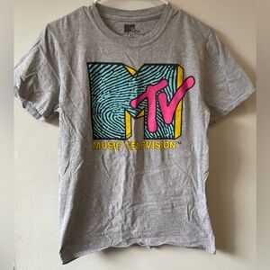 MTV Gray Graphic T-Shirt with Pink and Blue Design, small, unisex, NEW